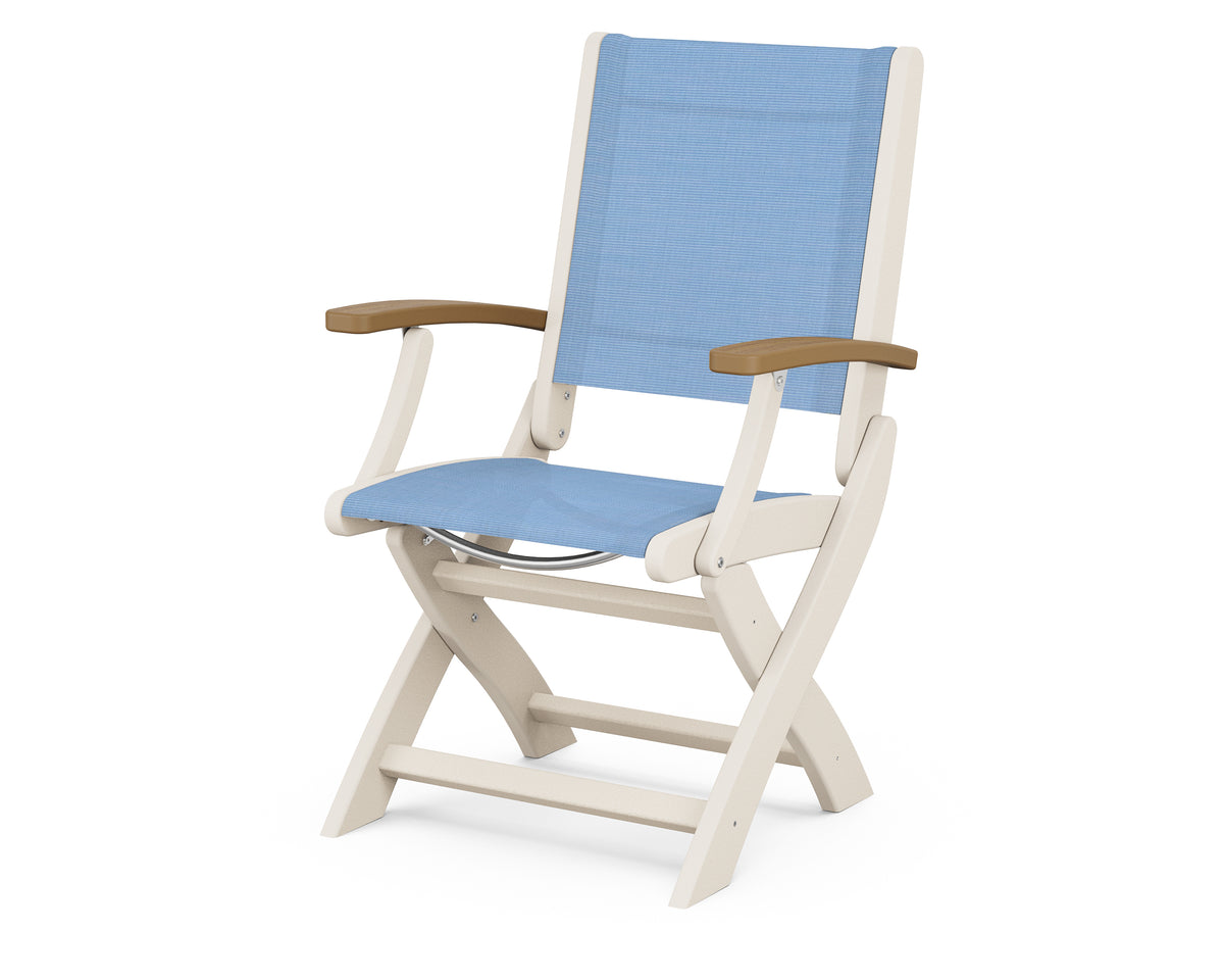 POLYWOOD Coastal Folding Chair in Sand with Natural arms and Poolside sling