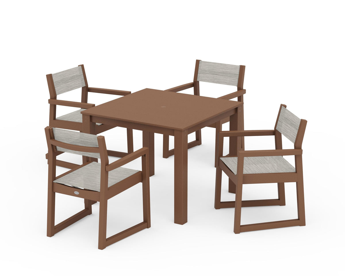 POLYWOOD EDGE Sling Arm Chair 5-Piece Parsons Dining Set in Teak / Birch
