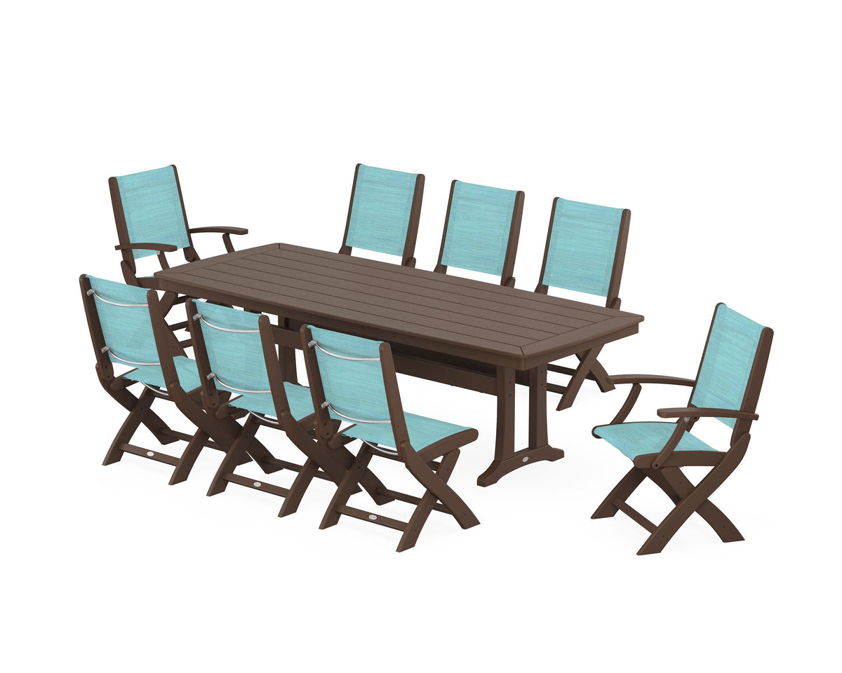 POLYWOOD Coastal Folding 9-Piece Dining Set with Trestle Legs in Mahogany / Dupioni Aquamarine