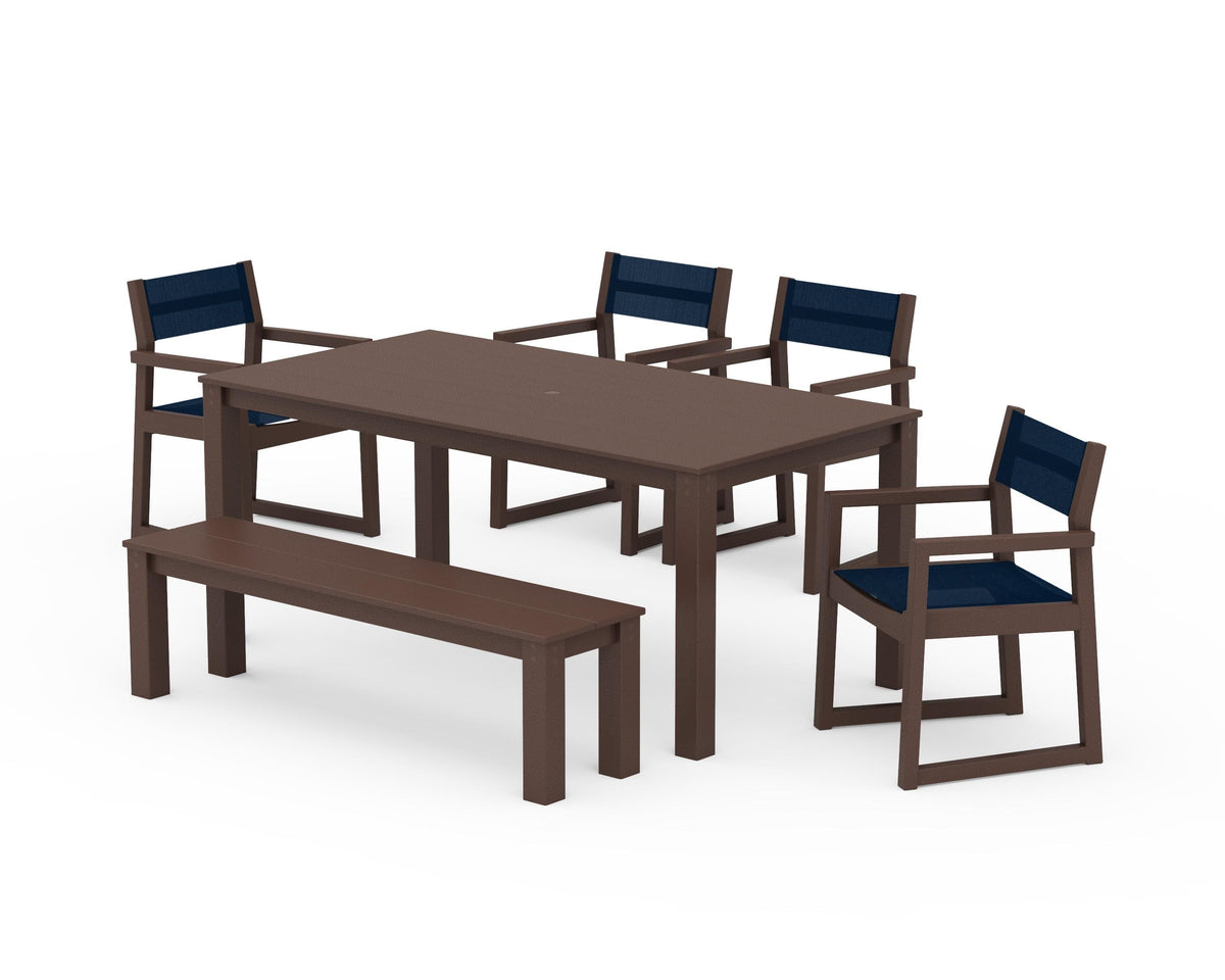 POLYWOOD EDGE Sling Arm Chair 6-Piece Parsons Dining Set with Bench in Mahogany / Navy Blue