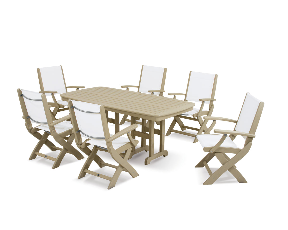 POLYWOOD Coastal Folding Arm Chair 7-Piece Dining Set in Sand / White