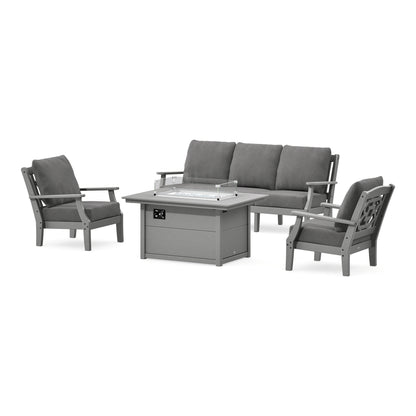 POLYWOOD Chinoiserie Deep Seating Fire Pit Table Set in Slate Grey