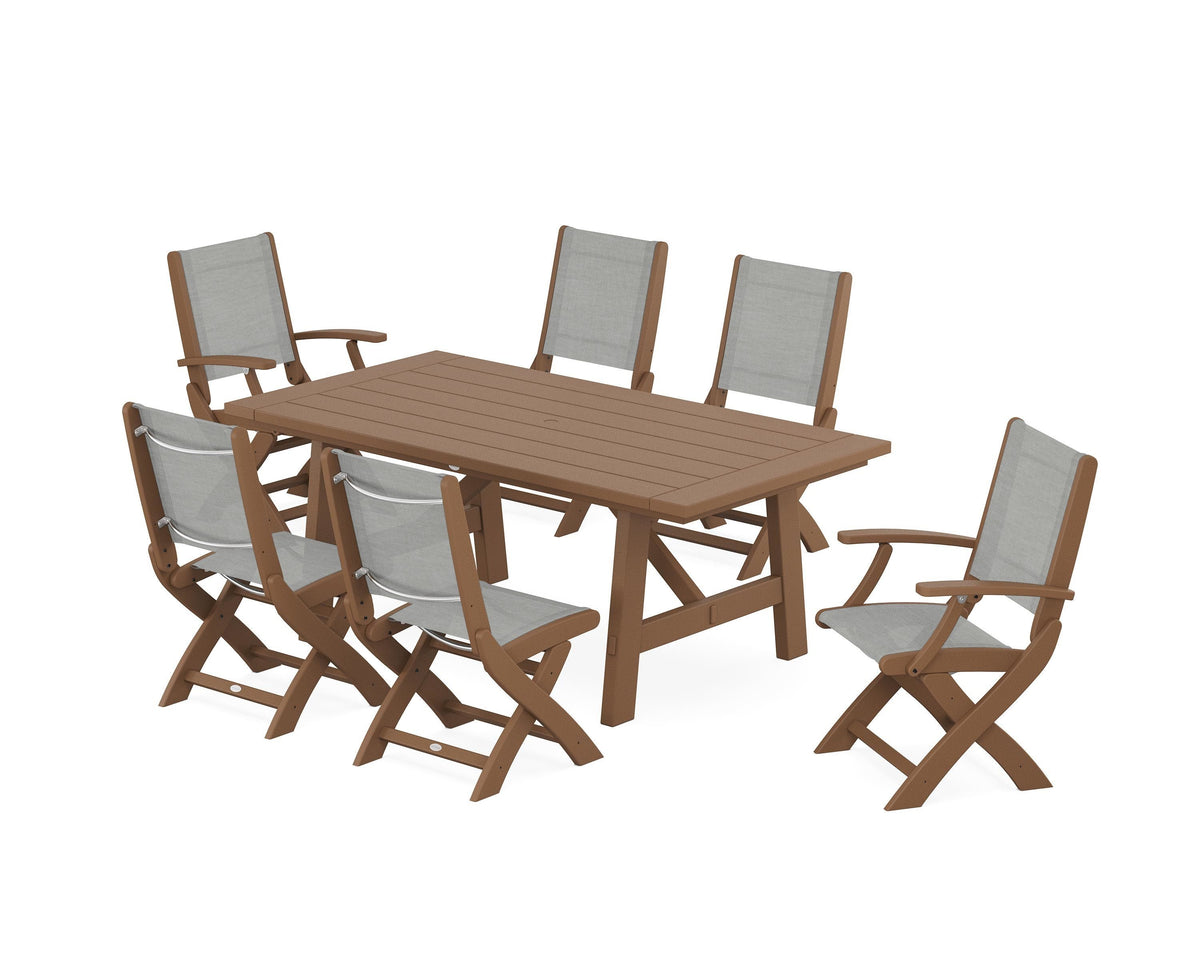 POLYWOOD Coastal Folding Chair 7-Piece Rustic Farmhouse Dining Set in Teak / Metallic
