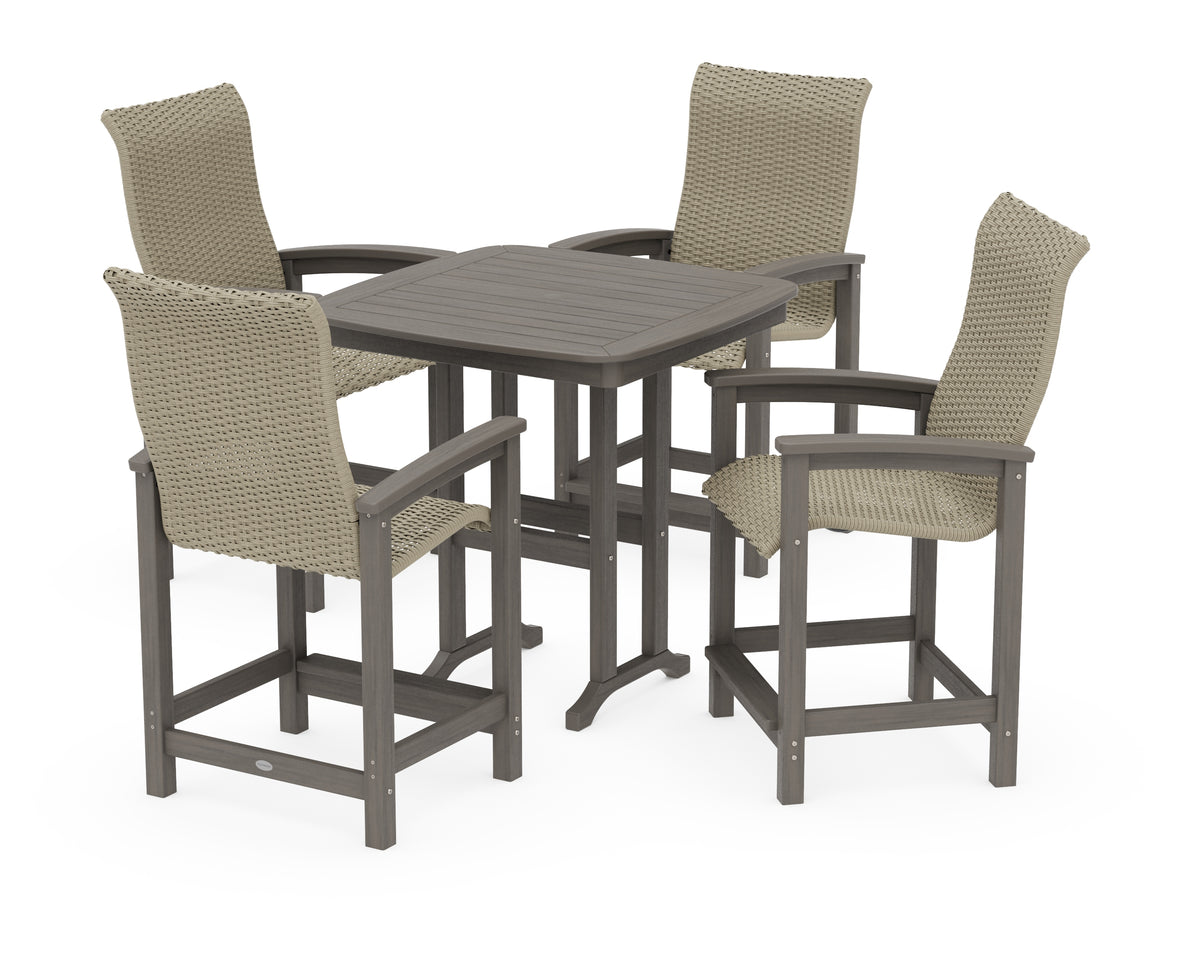 POLYWOOD Coastal Woven High-Back 5-Piece Counter Set in Driftwood / Dune Grass