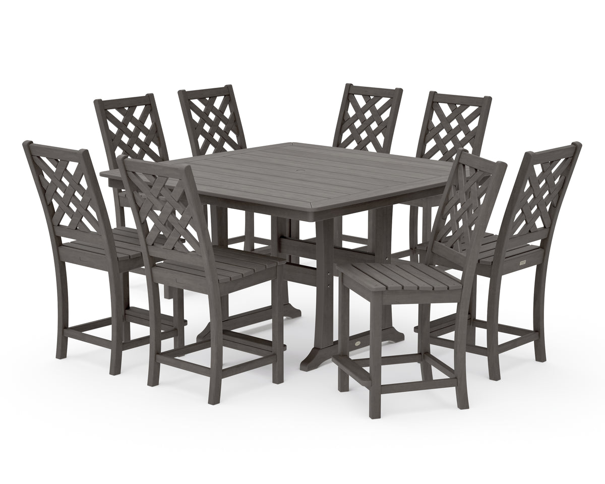 POLYWOOD Country Living Wovendale Side Chair 9-Piece Square Counter Set with Trestle Legs in Driftwood