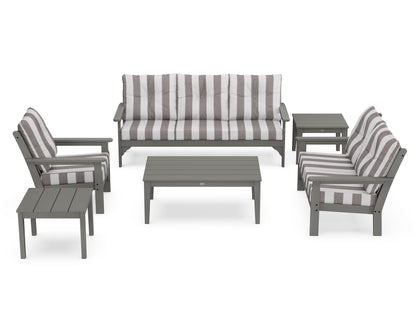 POLYWOOD Vineyard 6-Piece Deep Seating Set in Slate Grey / Cabana Stripe Grey Mist