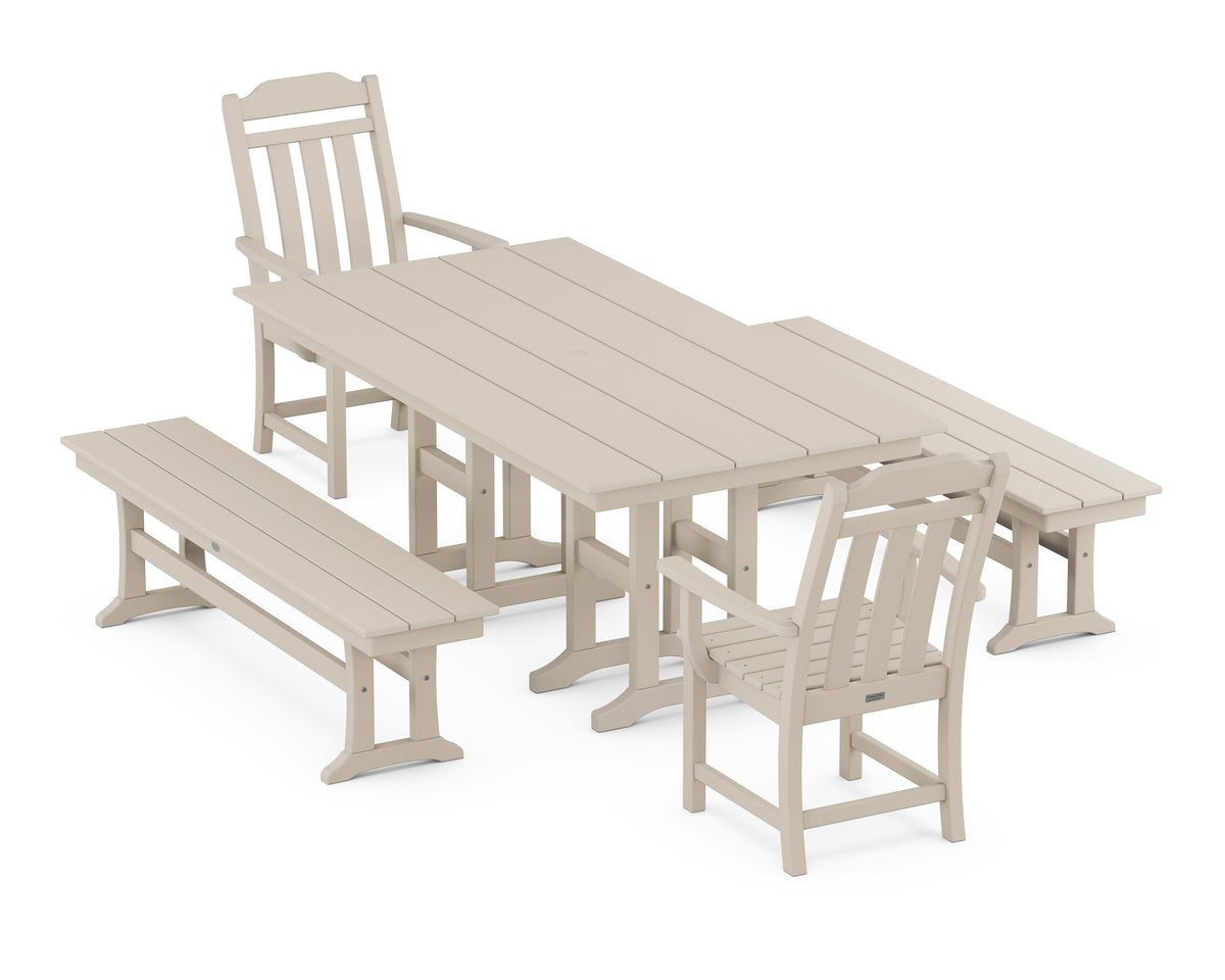 POLYWOOD Cottage 5-Piece Farmhouse Dining Set with Benches in Sand