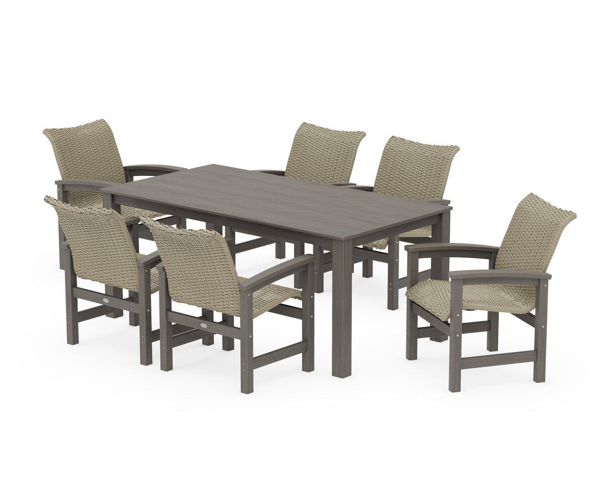 POLYWOOD Coastal Woven Arm Chair 7-Piece Parsons Dining Set in Driftwood / Dune Grass