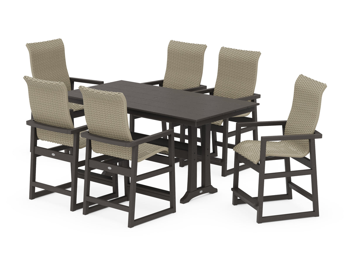 POLYWOOD EDGE Woven Highback Arm Chair 7-Piece Farmhouse Counter Set with Trestle Legs in Vintage Coffee / Dune Grass