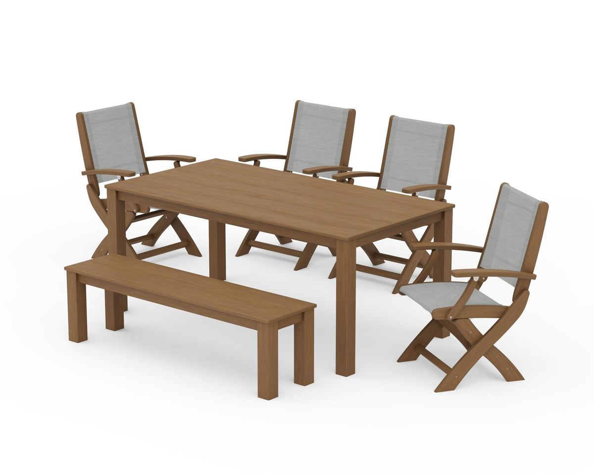 POLYWOOD Coastal Folding Chair 6-Piece Parsons Dining Set with Bench in Natural / Metallic