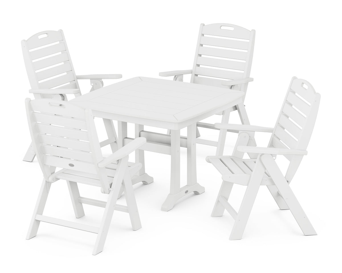 POLYWOOD Nautical Folding Highback Chair 5-Piece Dining Set with Trestle Legs in White