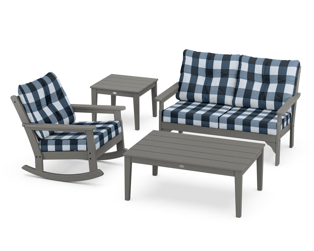 POLYWOOD Vineyard 4-Piece Deep Seating Rocker Set in Slate Grey / Buffalo Plaid Marine Indigo