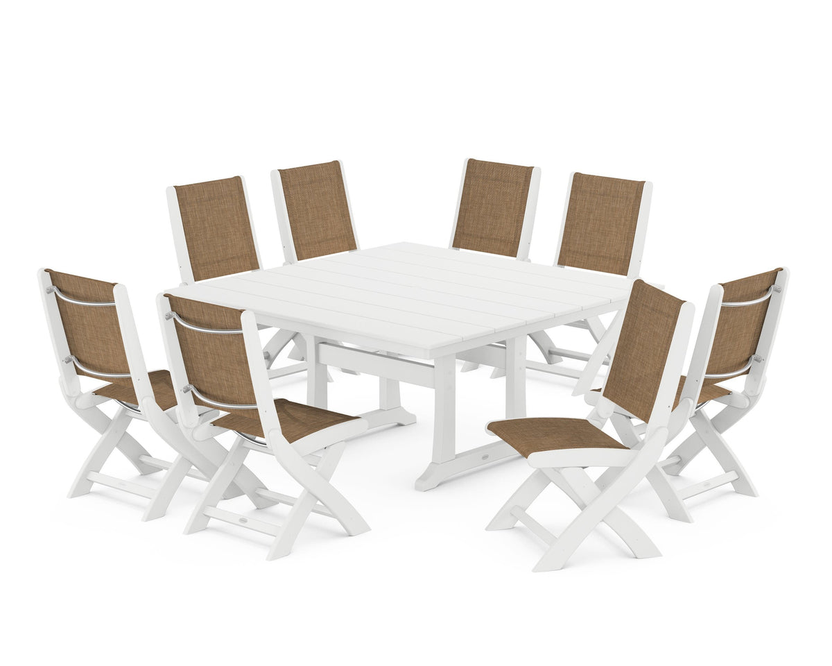 POLYWOOD Coastal Folding Side Chair 9-Piece Farmhouse Dining Set in White / Burlap