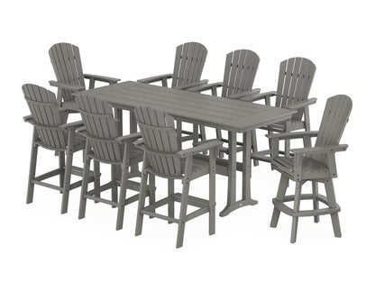 POLYWOOD Nautical Curveback Adirondack Swivel Chair 9-Piece Farmhouse Bar Set with Trestle Legs in Slate Grey