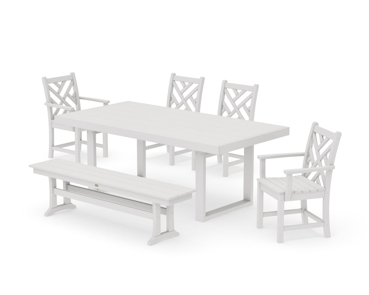 POLYWOOD Chippendale 6-Piece Dining Set with Bench - 39" x 78" Table in Vintage White
