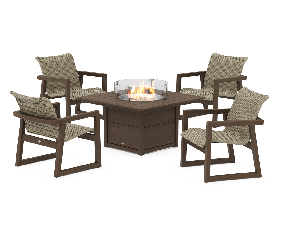 POLYWOOD EDGE Woven 5-Piece Lounge Chair Seating Set with Fire Pit Table in Kona / Dune Grass