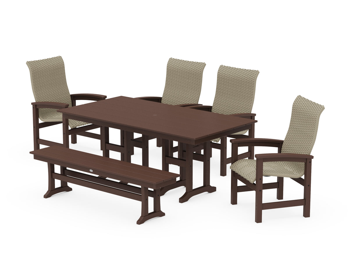 POLYWOOD Coastal Woven High-Back 6-Piece Farmhouse Dining Set with Bench with Farmhouse 37" x 72" Dining Table in Mahogany / Dune Grass