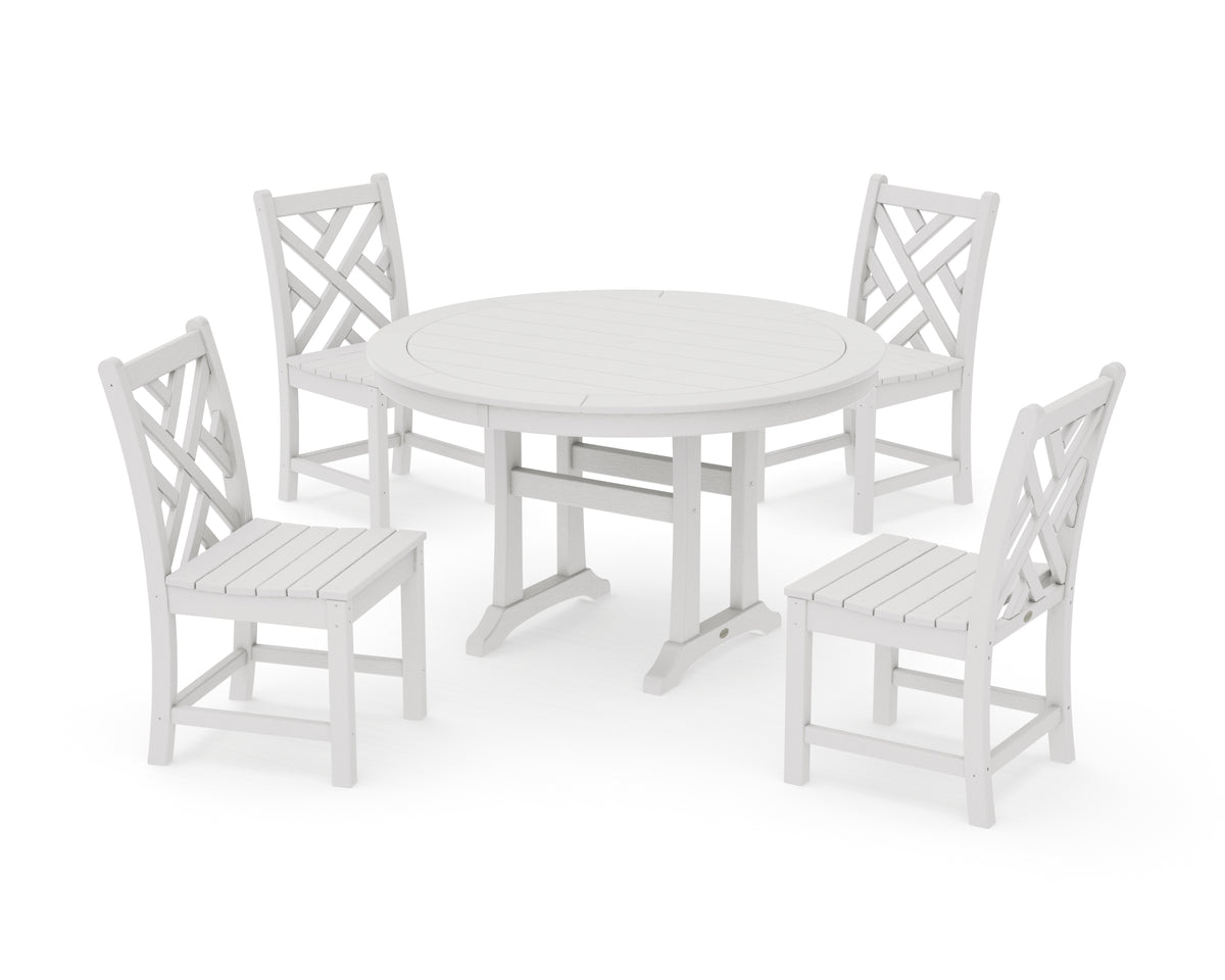 POLYWOOD Chippendale Side Chair 5-Piece Round Dining Set with Trestle Legs in Vintage White
