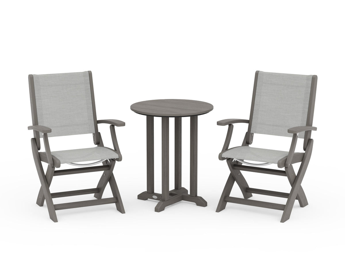 POLYWOOD Coastal Folding 3-Piece Round Bistro Dining Set in Driftwood / Metallic