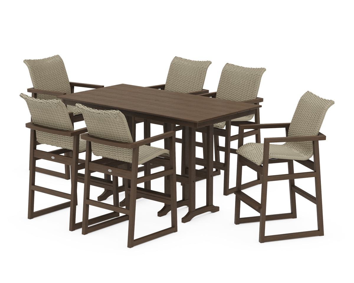 POLYWOOD EDGE Woven Arm Chair 7-Piece Farmhouse Bar Set in Kona / Dune Grass