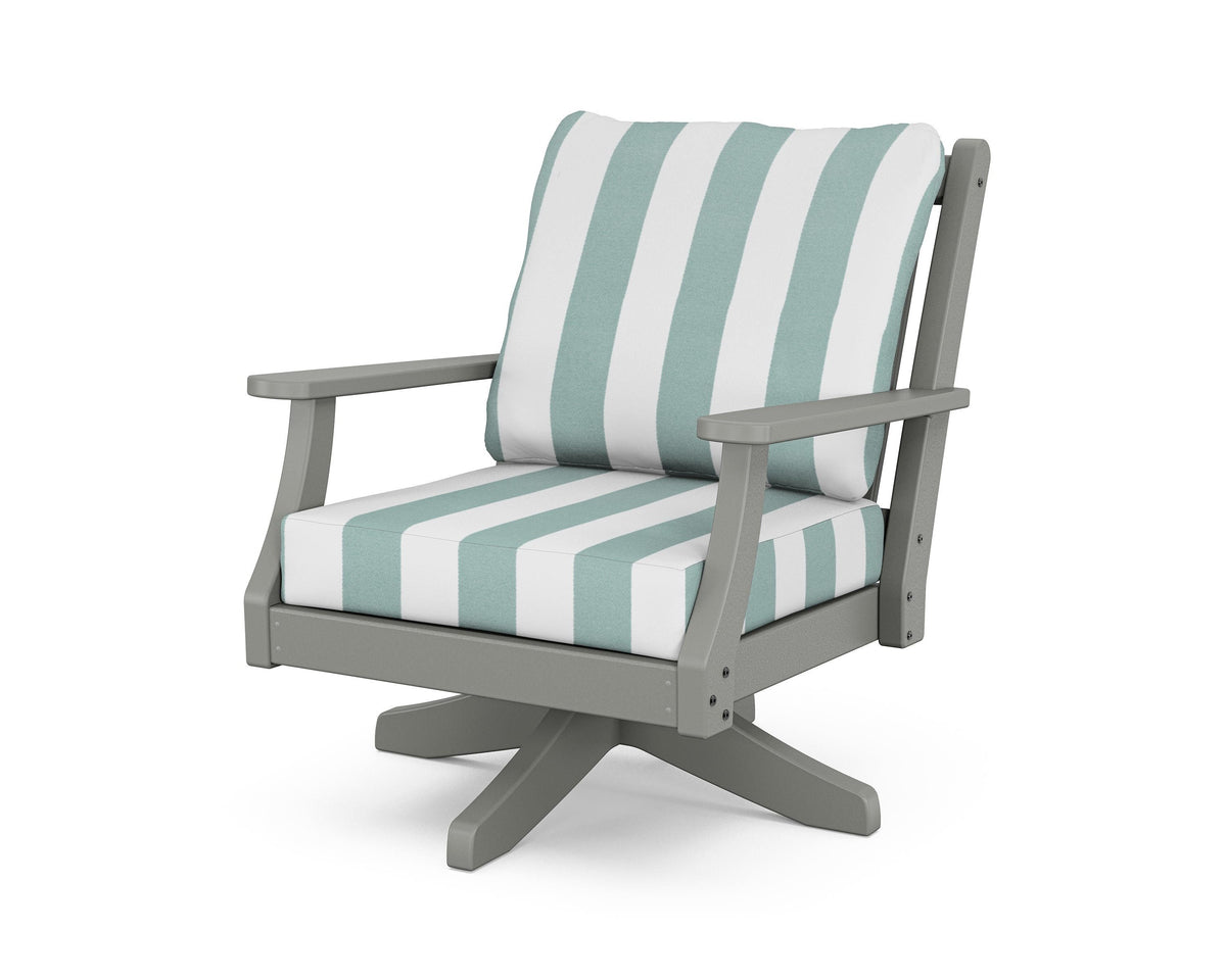 POLYWOOD Wovendale Deep Seating Swivel Chair in Slate Grey / Cabana Stripe Glacier Spa
