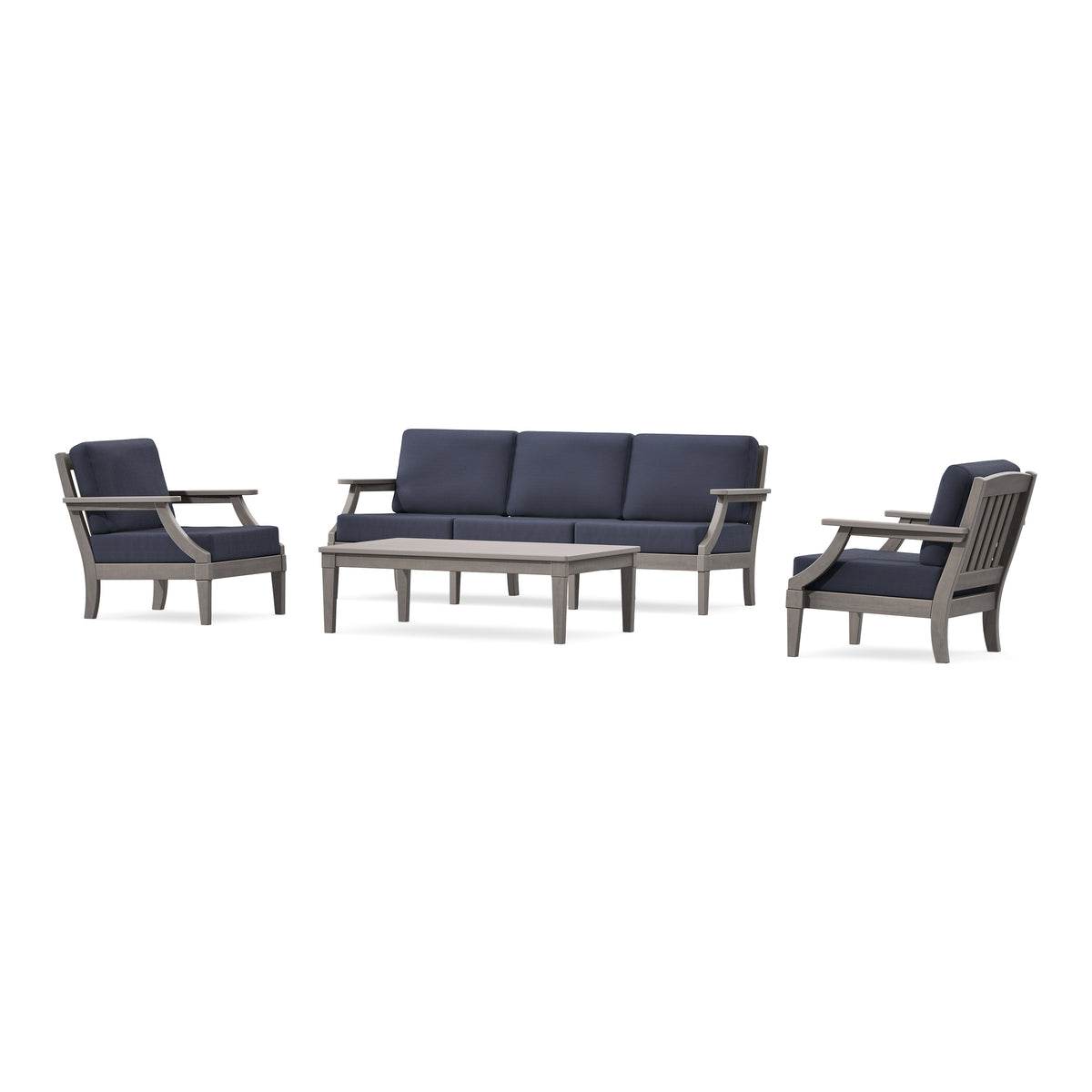 POLYWOOD PW Designer Series Estate 4-Piece Lounge Sofa Set in Driftwood / Navy Linen