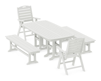 POLYWOOD Nautical Highback 5-Piece Dining Set with Benches in Vintage White
