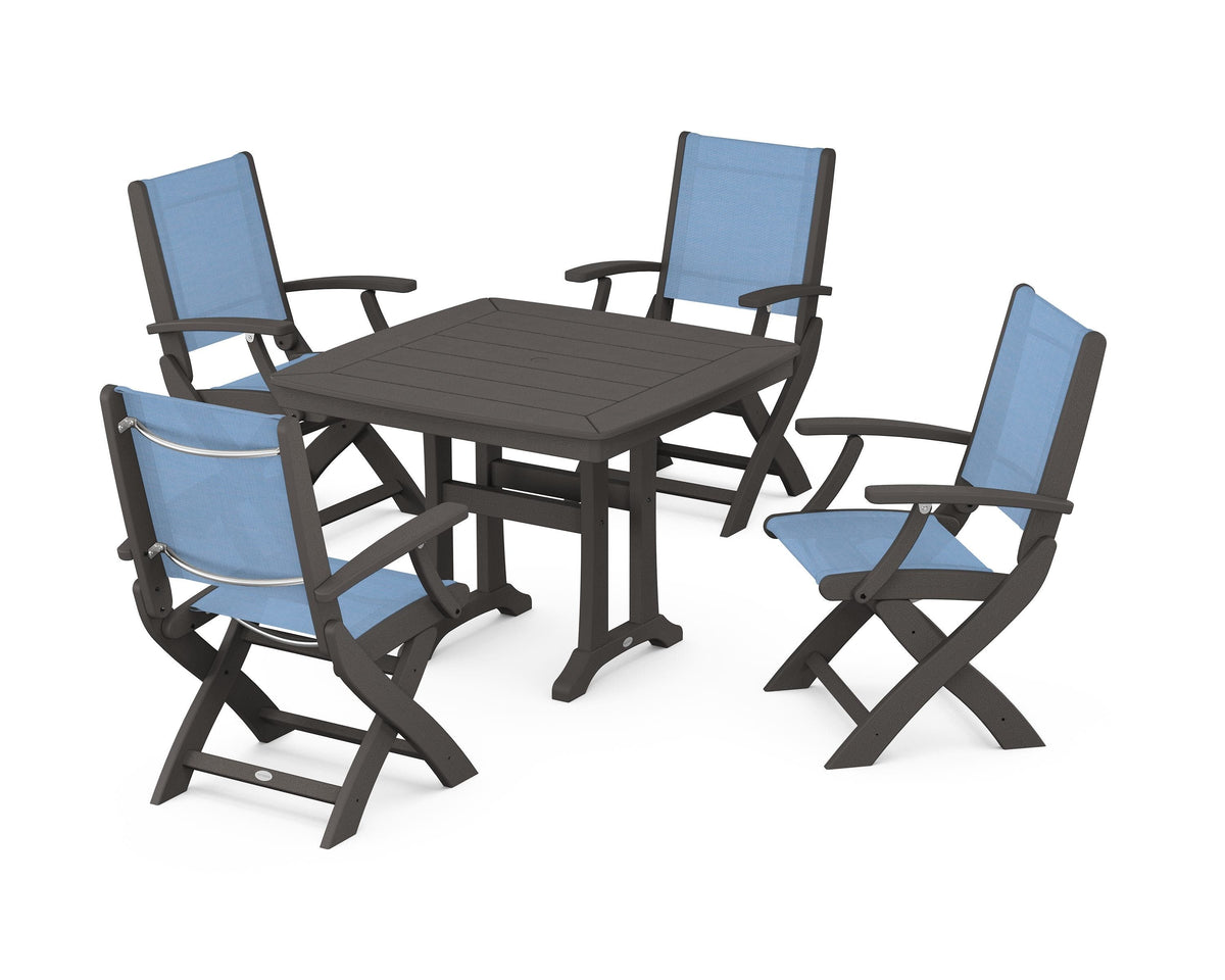 POLYWOOD Coastal Folding Chair 5-Piece Dining Set with Trestle Legs in Vintage Coffee / Poolside