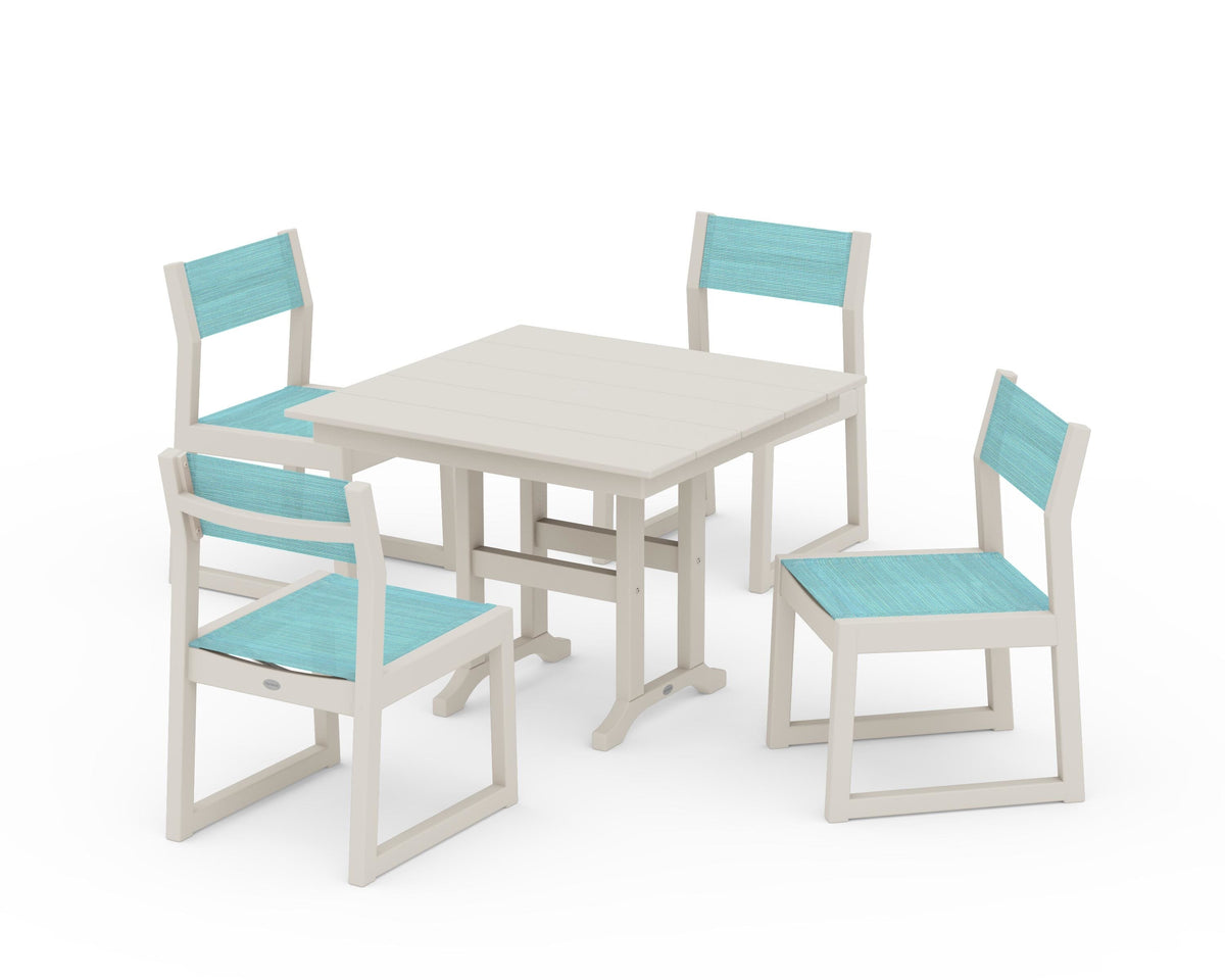 POLYWOOD EDGE Sling Side Chair 5-Piece Farmhouse Dining Set in Sand / Dupioni Aquamarine