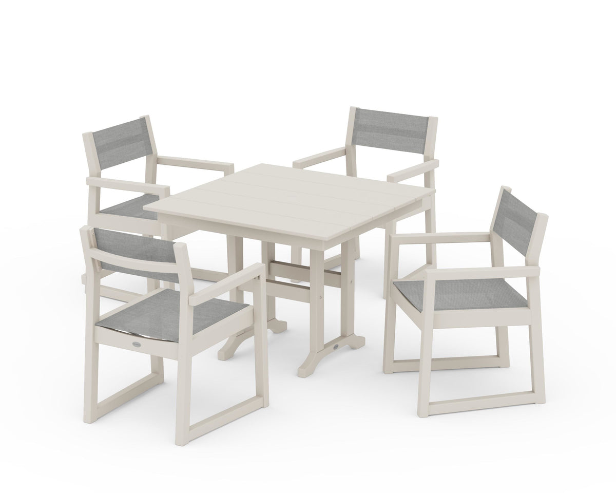 POLYWOOD EDGE Sling Arm Chair 5-Piece Farmhouse Dining Set in Sand / Metallic