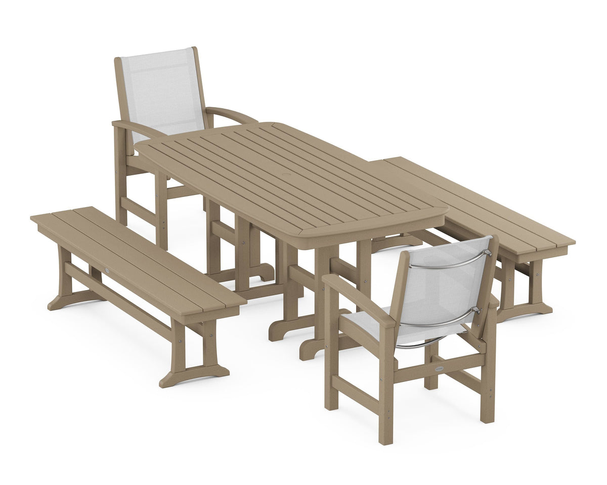 POLYWOOD Coastal 5-Piece Dining Set with Nautical 37" x 72" Dining Table in Vintage Sahara / White