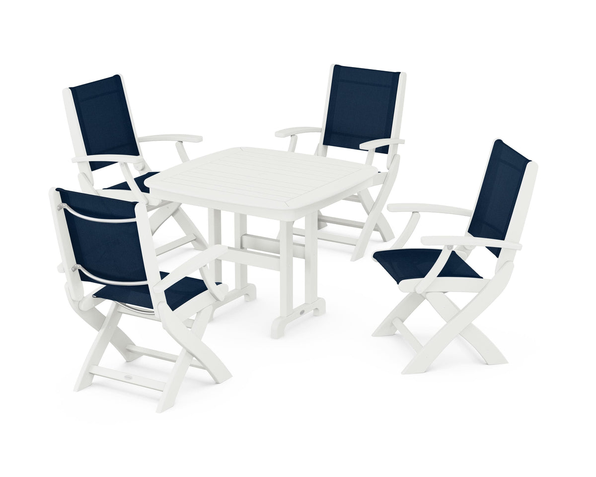 POLYWOOD Coastal Folding Chair 5-Piece Dining Set with Nautical 37" Dining Table in Vintage White / Navy Blue