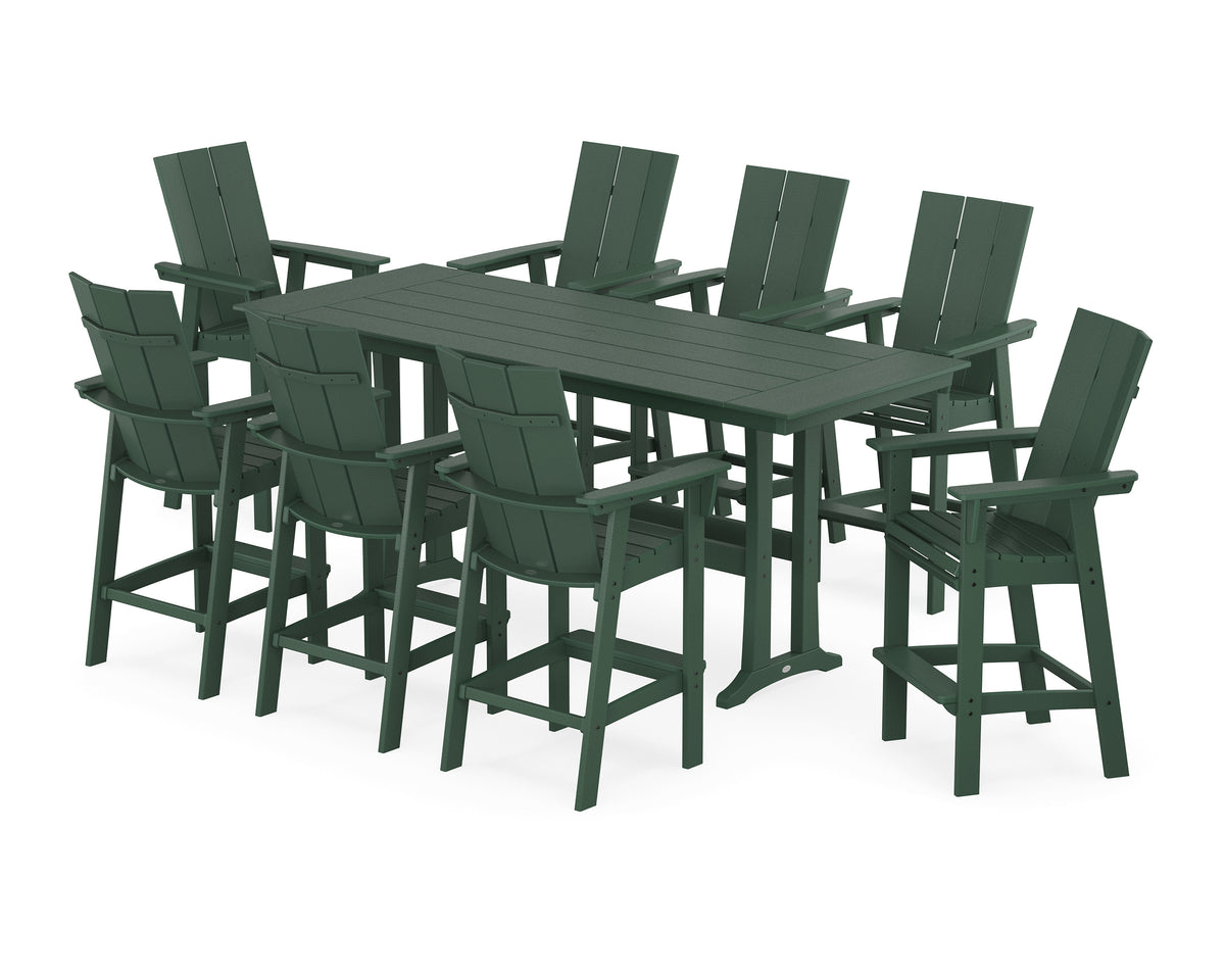 POLYWOOD Modern Curveback Adirondack 9-Piece Farmhouse Bar Set with Trestle Legs in Green