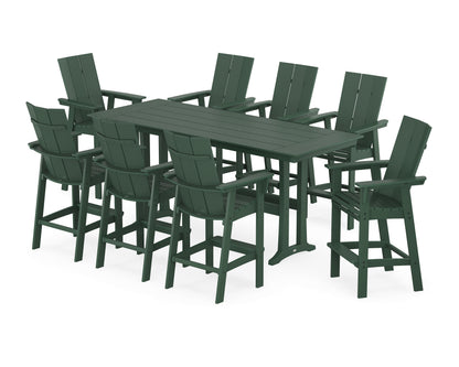 POLYWOOD Modern Curveback Adirondack 9-Piece Farmhouse Bar Set with Trestle Legs in Green