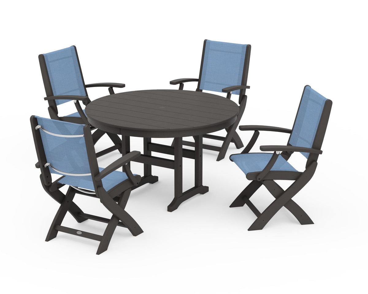 POLYWOOD Coastal Folding Chair 5-Piece Round Dining Set in Vintage Coffee / Poolside