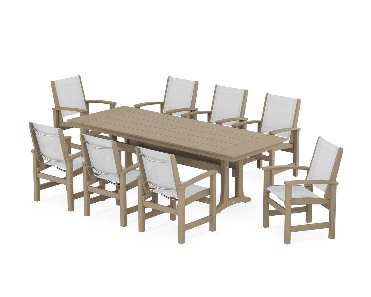 POLYWOOD Coastal 9-Piece Farmhouse Dining Set with Trestle Legs in Vintage Sahara / White