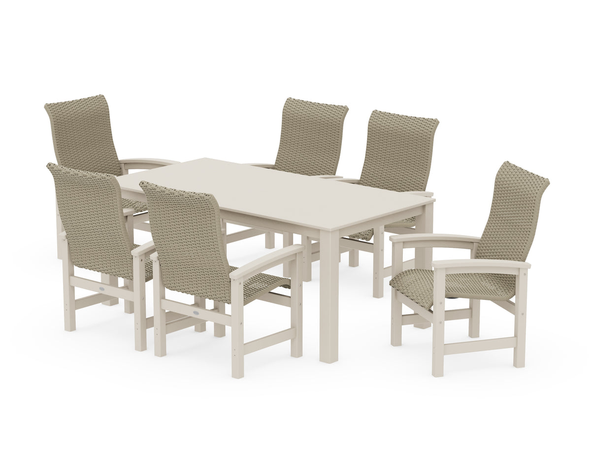 POLYWOOD Coastal Woven High-Back Arm Chair 7-Piece Parsons Dining Set in Sand / Dune Grass