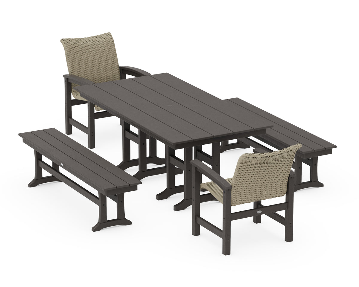 POLYWOOD Coastal Woven 5-Piece Farmhouse Dining Set with Benches in Vintage Coffee / Dune Grass