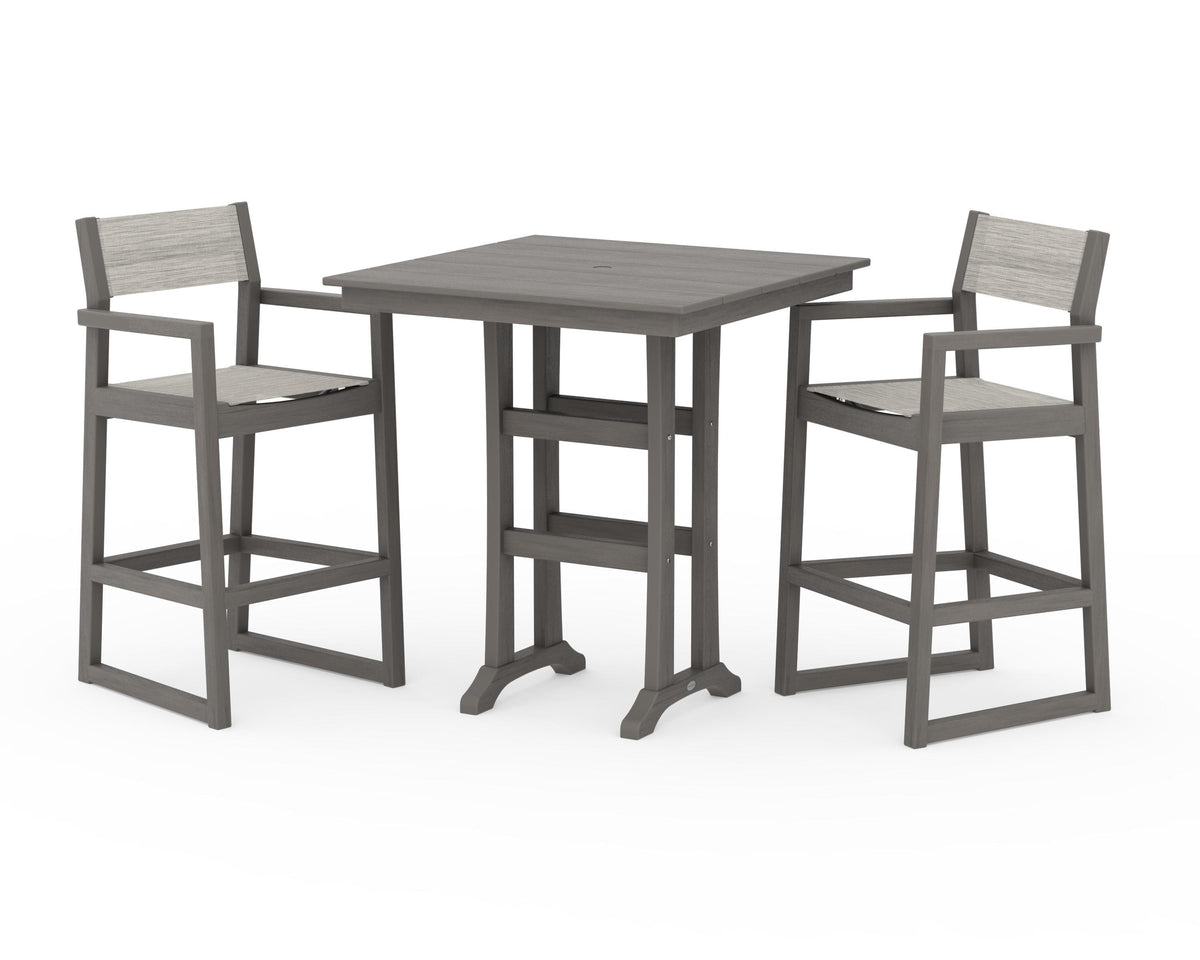 POLYWOOD EDGE Sling Arm Chair 3-Piece Farmhouse Bar Set with Trestle Legs in Driftwood / Birch