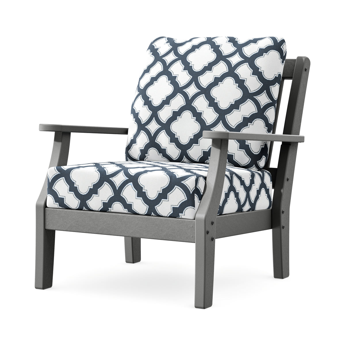 POLYWOOD Chinoiserie Deep Seating Chair in Slate Grey / Trellis Marine Indigo