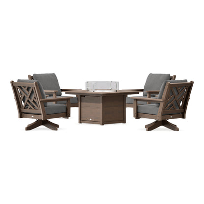 POLYWOOD Chippendale 5-Piece Deep Seating Swivel Conversation Set with Fire Pit Table in Kona