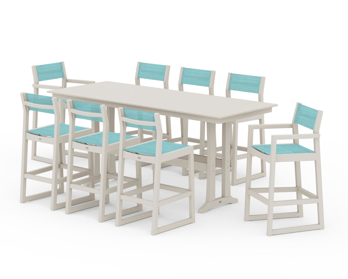 POLYWOOD EDGE Sling 9-Piece Farmhouse Bar Set with Trestle Legs in Sand / Dupioni Aquamarine