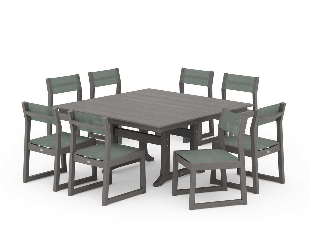 POLYWOOD EDGE Sling Side Chair 9-Piece Farmhouse Trestle Dining Set in Driftwood / Dupioni Sea Mist