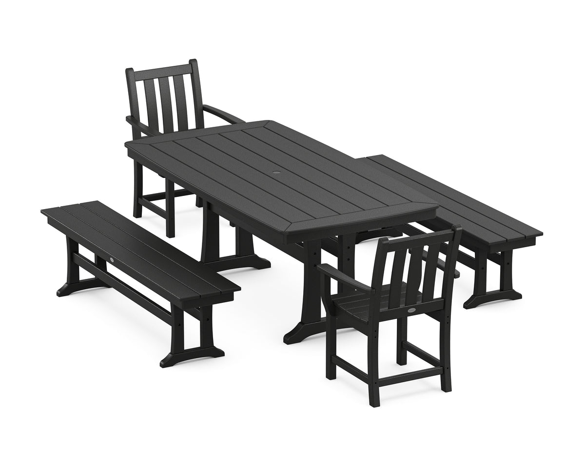 POLYWOOD Traditional Garden 5-Piece Dining Set with Trestle Legs - 38" x 73" Table in Black