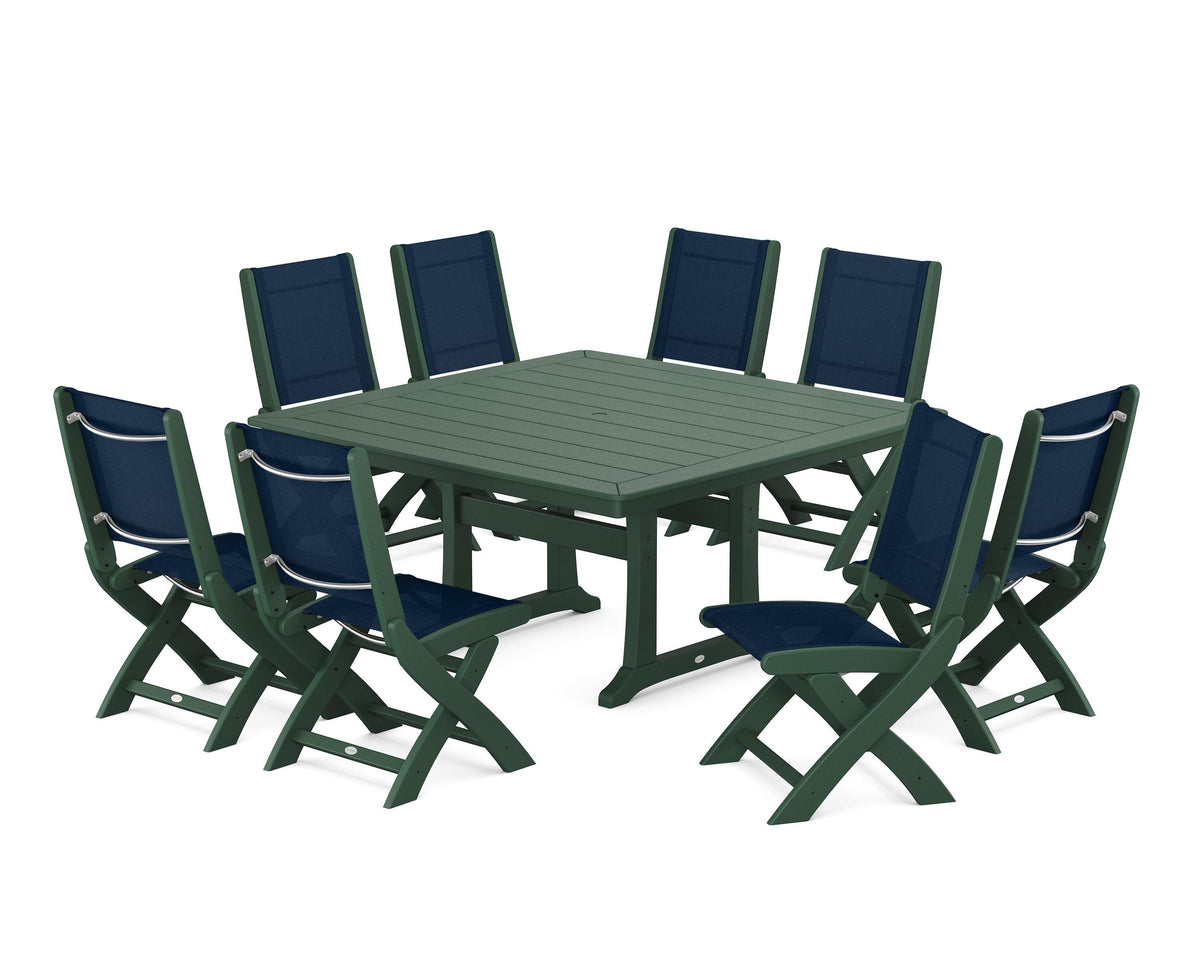 POLYWOOD Coastal Folding Side Chair 9-Piece Dining Set with Trestle Legs in Green / Navy Blue