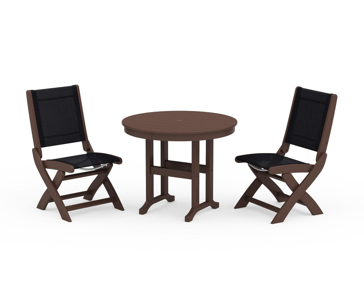 POLYWOOD Coastal Folding Side Chair 3-Piece Round Dining Set in Mahogany / Black