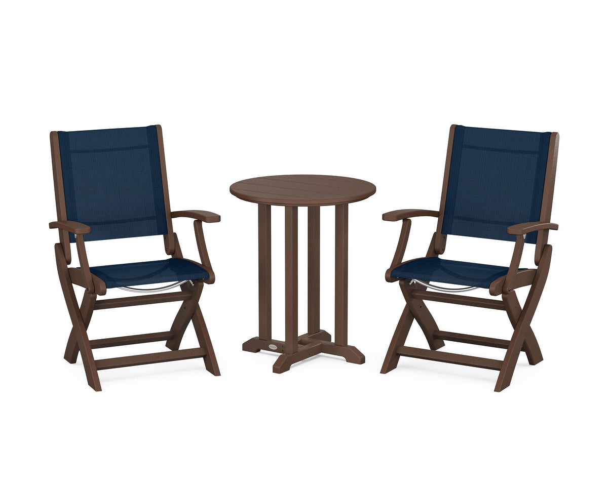 POLYWOOD Coastal Folding 3-Piece Round Bistro Dining Set in Mahogany / Navy Blue