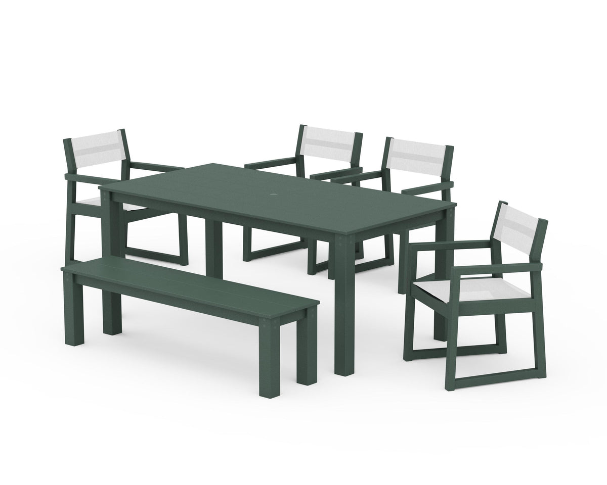 POLYWOOD EDGE Sling Arm Chair 6-Piece Parsons Dining Set with Bench in Green / White