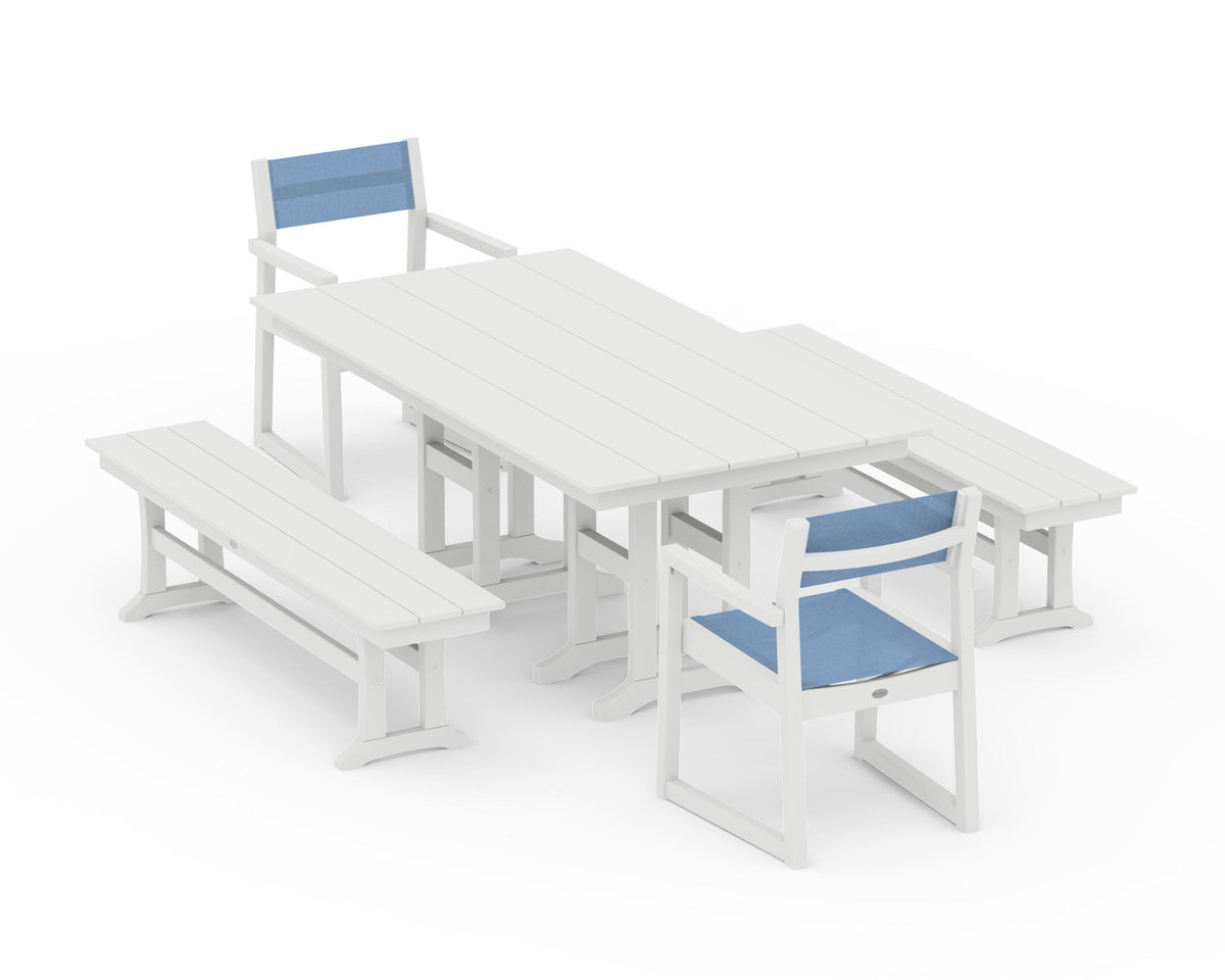 POLYWOOD EDGE Sling Arm Chair 5-Piece Farmhouse Dining Set with Benches in Vintage White / Poolside