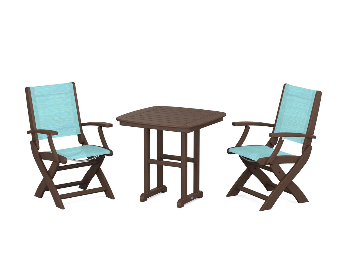 POLYWOOD Coastal Folding Chair 3-Piece Dining Set in Mahogany / Dupioni Aquamarine